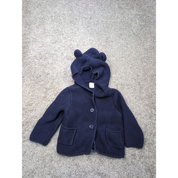 baby GAP Other - Baby GAP Navy Blue Knit Bear Ear Hooded Cardigan Sweater 6-12 Months 100% Cotton